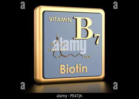 Vitamin B7, Biotin. Symbol, die chemische Formel, der molekularen Struktur. 3D-Rendering Stockfoto