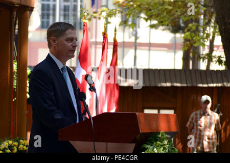 KABUL, Afghanistan (Sept. 9, 2015) Lou von Thaer, Chief Executive Officer von DynCorp International, spricht mit den Koalitionstruppen während einer Trauerfeier gefallenen Freunde, die bei einem Angriff auf ihren Konvoi 12.08.22 in Kabul gestorben zu gedenken. Richard McEvoy, Corey Dodge und Barry Sutton wurden zivile Auftragnehmer von DynCorp, die auf den Schutz für das Beraterteam der afghanischen nationalen Armee und der afghanischen nationalen Polizei im Rahmen der NATO-geführten Mission diente der entschlossenen Unterstützung. Die Destille Garten wurde mit diesen zahlen ihren Respekt einschließlich Führungskräfte von RS, US-Streitkräfte-Af verpackt Stockfoto