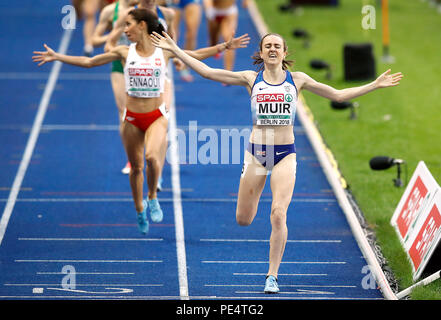 Der Great Britan Laura Muir (Mitte) gewinnt der Frauen 1500 m-Finale am Tag sechs der Europäischen Leichtathletik WM 2018 im Olympiastadion, Berlin. PRESS ASSOCIATION Foto. Bild Datum: Sonntag, August 12, 2018. Siehe PA Geschichte Athletik Europäischen. Foto: Martin Rickett/PA-Kabel. Beschränkungen: Nur die redaktionelle Nutzung, keine kommerzielle Nutzung ohne vorherige schriftliche Genehmigung Stockfoto