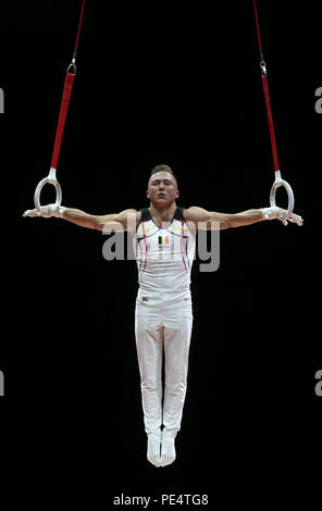 Belgien Dennis Goossens konkurriert auf die Ringe in der Männer Gerät endgültig bei Tag elf der 2018 europäischen Meisterschaften an die SSE-Hydro, Glasgow. PRESS ASSOCIATION Foto. Bild Datum: Sonntag, August 12, 2018. Siehe PA Geschichte gymnastik Europäischen. Photo Credit: Jane Barlow/PA-Kabel. Beschränkungen: Nur die redaktionelle Nutzung, keine kommerzielle Nutzung ohne vorherige schriftliche Genehmigung Stockfoto