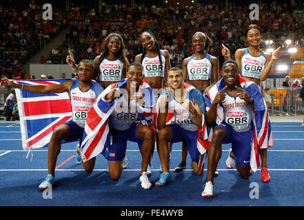 In Großbritannien mens und der Relais Teams während der Tag sechs der Europäischen Leichtathletik WM 2018 im Olympiastadion, Berlin feiern. PRESS ASSOCIATION Foto. Bild Datum: Sonntag, August 12, 2018. Siehe PA Geschichte Athletik Europäischen. Foto: Martin Rickett/PA-Kabel. Beschränkungen: Nur die redaktionelle Nutzung, keine kommerzielle Nutzung ohne vorherige schriftliche Genehmigung Stockfoto