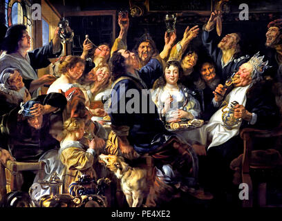 Fest der bean König 1640/1645 von Jacob Jordaens (1593-1678), flämischer Barock Maler Belgien Belgien (Flämische Folk Custom auf Erscheinung: Der Finder der Bohne in einem Kuchen gebacken wird König des Festes, er die schönste Frau wählt als die Königin). Stockfoto