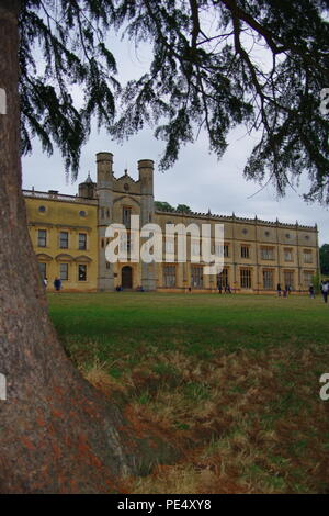 Ashton Gericht Herrenhaus umrahmt von einem dekorativen Zedern des Libanon Baum. Bristol Balloon Fiesta, August 2018, UK. Stockfoto