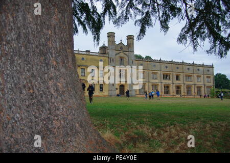 Ashton Gericht Herrenhaus umrahmt von einem dekorativen Zedern des Libanon Baum. Bristol Balloon Fiesta, August 2018, UK. Stockfoto