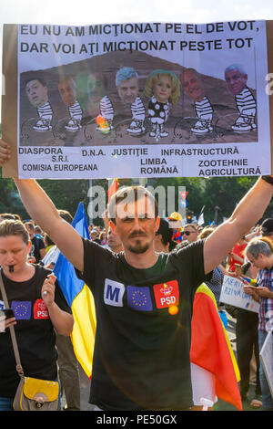 Bukarest, Rumänien - 10. August 2018: Der junge Mann an der Diaspora Protest gegen die Art und Weise, wie Rumänien von Sozialdemokraten regiert protestiert Stockfoto