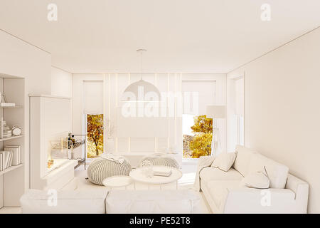 3D-Render modernes Wohnzimmer mit Kamin Stockfoto