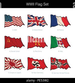 Weltkrieg Zwei wehende Flagge gesetzt. Das Set enthält Flags von allen großen Achse und Verbündeten Teilnehmer. Vector Icons alle Elemente auf Ebenen n Gr Stock Vektor