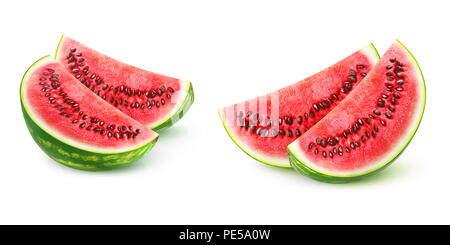 Zwei Bilder von Wassermelone Stücke auf weißem Hintergrund mit Freistellungspfad isoliert Stockfoto