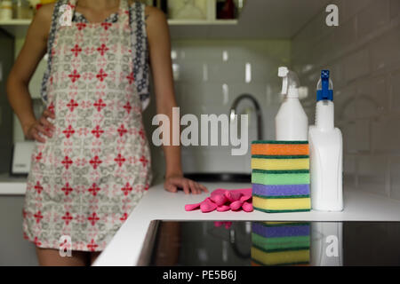Küche Reinigung Werkzeuge. Frau Reinigung der Küche Haushaltsgeräte, Frühling - Reinigung, Reinigung, Reinigung Service Konzept. Stockfoto
