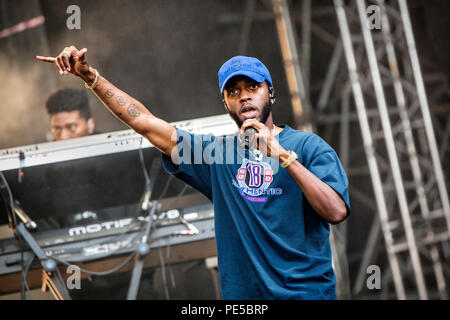 Norwegen, Oslo - August 09, 2018. Der amerikanische Rapper 6 Mangel führt ein Live Konzert während der norwegischen Musik Festival Øyafestivalen 2018 in Oslo. (Foto: Gonzales Foto - Terje Dokken). Stockfoto