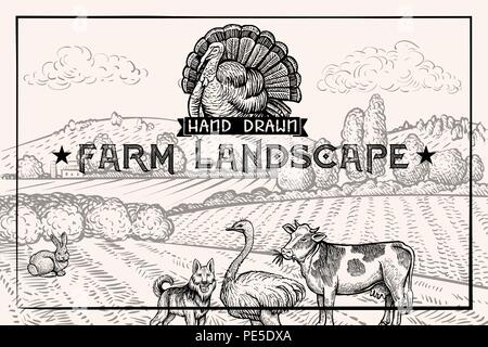Vintage Scheune Landschaft und Tiere Strauß und Kuh. Strukturierte horizontale Plakat Vorlage. Im Retrostil skizziert Gravur Vector Illustration für Cover Design mit der Türkei Logo und Guard Dog Stock Vektor