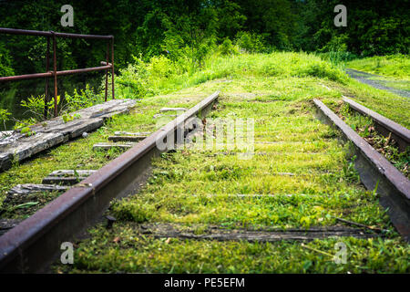 Überwachsen, verfault und die Vergangenheit ihrer prime Nirgendwo führt. Zug Titel Jahrgang. Stockfoto