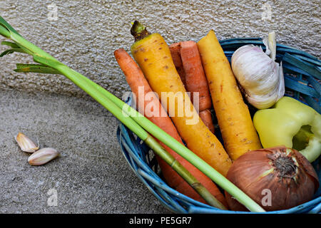 Gemüse Warenkorb/frische Karotten, Zwiebel, Paprika, Knoblauch und Frühlingszwiebeln/Essen Hintergrund Stockfoto