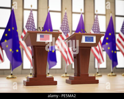 Flaggen der USA und der Europäischen Union EU und Tribünen auf internationaler Tagung oder Konferenz. Beziehungen zwischen der EU und den USA. 3D-Darstellung Stockfoto