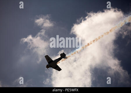 Pilot Steve Starvrakakis fliegt eine rumänische IAR-5679 während des Marine Corps Community Services Sponsoren 2015 Air Show an Bord der Marine Corps Air Station Miramar, San Diego, Calif., Okt. 2, 2015. Die Air Show präsentiert zivile Leistungen und die Antenne Fähigkeit der Streitkräfte, sondern auch ihre Wertschätzung für die Unterstützung der zivilen Gemeinschaft und Hingabe an die Truppen. (U.S. Marine Corps Foto von Cpl. Trever Statz/Freigegeben) Stockfoto