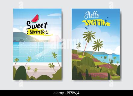 Set Sommer Sonnenaufgang Landschaft tropischen Strand Abzeichen Design Label Jahreszeit Urlaub Schriftzug für logo Vorlagen Einladung Grußkarte Kunstdrucke und Poster Stock Vektor