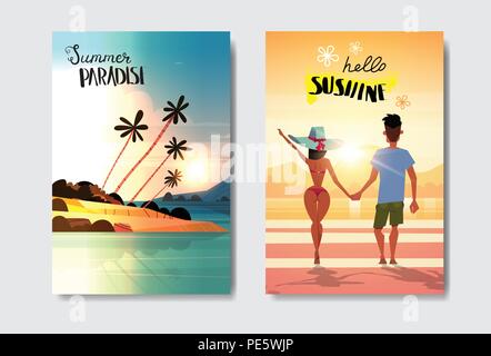 Mann Frau Paar Hände halten suchen Sonnenuntergang Rückansicht Sommer Urlaub tropical beach Abzeichen Design Label gesetzt. Jahreszeit Urlaub Schriftzug für Logo, Vorlagen, Einladungen, Grußkarten, Drucke und Poster. Stock Vektor