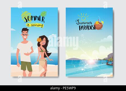 Set Sommerferien Mann Frau Paar Relax Beach Abzeichen Design Label Schriftzug für logo Vorlagen Einladung Grußkarte Kunstdrucke und Poster Stock Vektor