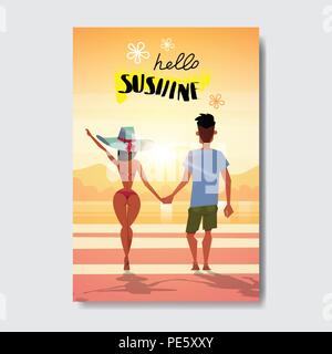 Sommer liebe Leute Paar hält Hände Sonnenuntergang Rückansicht entspannen Landschaft Strand Abzeichen Design Label. Jahreszeit Urlaub Schriftzug für Logo, Vorlagen, Einladungen, Grußkarten, Drucke und Poster. Stock Vektor
