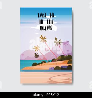 Mich zum Strand Landschaft Palm Tree Abzeichen Design Label. Jahreszeit Urlaub Schriftzug für Logo, Vorlagen, Einladungen, Grußkarten, Drucke und Poster. Stock Vektor