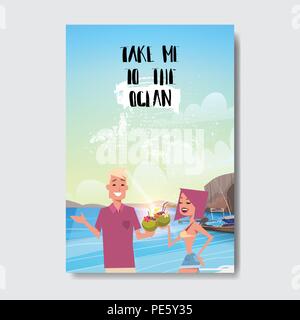 Sommer Urlaub Mann Frau Paar portrait entspannen Landschaft Strand Abzeichen Design Label. Jahreszeit Urlaub Schriftzug für Logo, Vorlagen, Einladungen, Grußkarten, Drucke und Poster. Stock Vektor