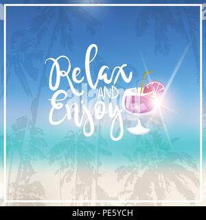 Cocktail Sommer verschwommene Meer bokeh Strand Hintergrund Frame design Abzeichen Urlaubszeit urlaub Schriftzug für logo Vorlagen Einladung Grußkarte Kunstdrucke und Poster Stock Vektor