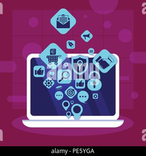 Laptop Netzwerk Anwendungen Symbole Social Media Networking Konzept für Design und Animation flach Stock Vektor