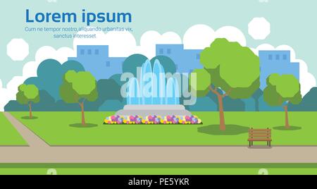 Die Stadt-/Parkblick outdoor Brunnen Holzbank grünen Rasen Bäume Vorlage Landschaft Hintergrund horizontal kopieren Raum flach Stock Vektor