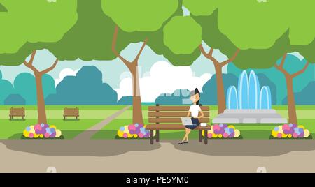 City Park Geschäftsfrau Holding laptopn sitzen Holzbank grünen Rasen Blumen Brunnen Bäume Stadtbild Vorlage Hintergrund horizontalen flachen Stock Vektor