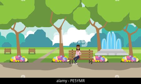 City Park afrikanische Frau mit laptopn sitzen Holzbank grünen Rasen Blumen Brunnen Bäume Stadtbild Vorlage Hintergrund horizontalen flachen Stock Vektor