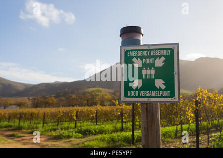 Außenschild oder Schilder mit Sicherheitsinformationen für die Notevakuierung an einem Sammelpunkt auf einem Weingut in Südafrika Stockfoto