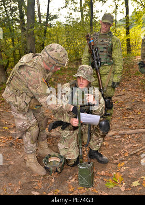 Pfc. Robert Whitlow, ein Signal support systems Specialist mit 173Rd Airborne Brigade der US-Armee, erklärt zu den Soldaten mit der ukrainischen Nationalgarde wird die grundlegende Verwendung von Funk und das ordnungsgemäße Verfahren, wie sie Meldungen über das Radio Oktober 5, 2015, am internationalen Friedens und der Sicherheit in der Nähe von Yavoriv, Ukraine. Fallschirmjäger von 173Rd Airborne Brigade der US-Armee sind in der Ukraine für die dritte Drehung der Ukraine neu gegründeten National Guard als Teil von Fearless Guardian zu trainieren. (U.S. Armee Foto: Staff Sgt. Adriana Diaz-Brown, 10 Drücken Sie lagern Headqua Stockfoto