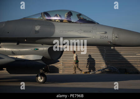 Capt Tyler McBride, 421st Expeditionary Fighter Squadron-Chef der Sicherheit, bereitgestellt von Hill Air Force Base in Utah, bereitet sich auf seinen ersten Kampf gegen Ausfall als Staff Sgt. Devon Sheffey, 455. Expeditionary Aircraft Maintenance Squadron Crewchief, bereitgestellt von Aviano Air Base, Italien, schaut auf nach dem Entfernen der Keile aus der f-16 Fighting Falcon in Bagram Air Field, Afghanistan, 30. Oktober 2015. 555. EFS, bereitgestellt von Aviano Air Base, Italien, ist kurz vor dem Ende seiner sechsmonatigen Einsatz in Bagram und übergibt die Zügel zum 421st EFS zur Unterstützung der Operation Freedom Sentinel und N Stockfoto