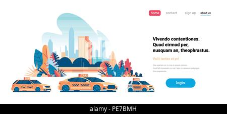 Drei verschiedene Arten gelbe Taxi Auto Service cab Straße über moderne Stadt Stadtbild horizontale Kopieren Raumzeiger Abbildung Stock Vektor