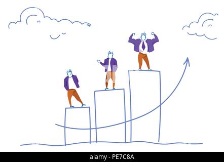 Geschäftsleuten stehen finanzielle Graph podium Wachstum mit Pfeil nach oben den ersten Platz beste Arbeiter Konzept Skizze doodle Horizontale männlichen Silhouetten Stock Vektor