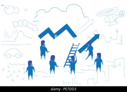 Geschäftsleute gekrümmte Linie Pfeil, Leiter Finanzanalyse Konzept Teamarbeit brainstorming Strategie horizontale Skizze doodle Stock Vektor