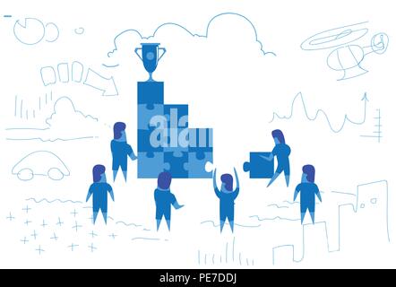 Geschäftsleute Lösung puzzle Treppen top win Cup Trophäe den ersten Platz Konzept Teamarbeit brainstorming Sieger Erfolg Strategie horizontale Skizze doodle Stock Vektor
