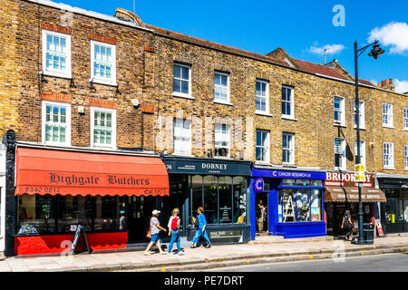 Highgate Metzgereien und andere Geschäfte im Dorf Highgate, London, UK Stockfoto