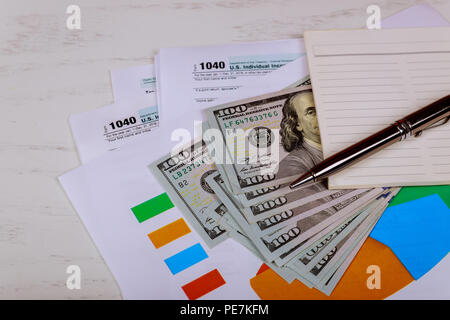 Die Zeit, die Steuern der Pen-, Notebook- und Dollar, Rechnungen zu bezahlen ist, liegt auf dem Steuerformular 1040 US-individuelle Einkommensteuererklärung. Stockfoto