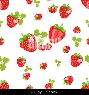 Nahtlose Muster mit Beeren und Erdbeer Blüten mit Blätter auf einem weißen Hintergrund. Design für Textilien, Plakate, Etiketten. Vector Illustration. Stock Vektor