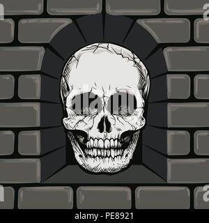 Hand gezeichneten Schädel in der Steinmauer Nische. Vector Illustration. Stock Vektor