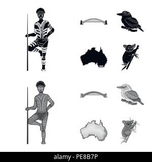 Aborigine mit einem Speer, Sydney Harbour Bridge, kookabarra auf einem Zweig, das Territorium des Landes. Australien Sammlung Icons in Schwarz gesetzt, monochrom s Stock Vektor