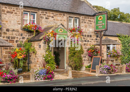 Traditioneller Englischer Pub, der Coach Inn, Lesbury, Northumberland mit einer farbigen Anzeige der Blüte hängende Körbe und Wannen Stockfoto