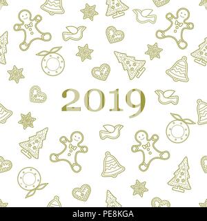 Nahtlose Muster mit Weihnachten und Neujahr Symbole. Weihnachtsbäume, Weihnachten Kranz, Gingerbread Man, Vögel, Glocken, Sterne, Herzen. Stock Vektor