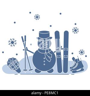 Winter im Freien genießen können. Schneemann mit Ski- und Hockey Ausrüstung. Vektor cartoon Skifahrer Symbol. Design für Werbung von aktiven Lebensstil. Stock Vektor