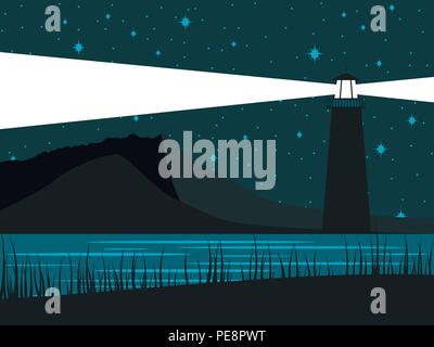 Leuchtende Leuchtturm vor dem Hintergrund des Sternenhimmels. Die nacht Ufer des Sees. Vector Illustration Stock Vektor