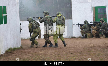 Soldaten mit der ukrainischen Nationalgarde verhalten Urban operations Nov. 6, 2015, während einer Übung gipfelte die Fähigkeiten und Fertigkeiten, die Sie über die Drehungen der furchtlose Hüterin des internationalen Friedens und der Sicherheit die Zusammenarbeit in der Nähe Yavoriv, Ukraine gelernt haben, zu demonstrieren. Fallschirmjäger von 173Rd Airborne Brigade der US-Armee sind in der Ukraine für die dritte Drehung als Teil von Fearless Wächter, die festgelegt wird, mit der Ausbildung von Personal des Verteidigungsministeriums Anfang November 23, 2015 um fortzufahren. (U.S. Armee Foto: Staff Sgt. Adriana Diaz-Brown, 10 Drücken Sie Stockfoto