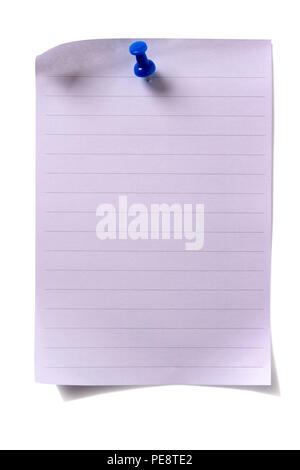 Liniertem Papier notepad Seite Blatt Stecknadel isoliert weißer Hintergrund Stockfoto