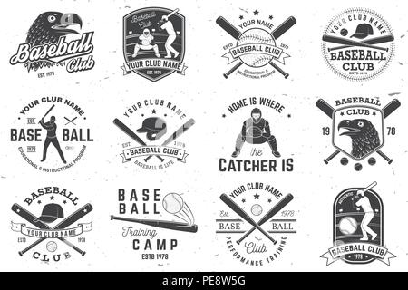 Satz von Baseball oder Softball club Abzeichen. Vektor. Konzept für Hemd oder Logo, Print, Stempel oder T-Stück. Vintage Typografie Design mit Baseballschläger, Catcher, Adler und Ball für Baseball Silhouette. Stock Vektor