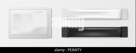 Verpackungen für Lebensmittel Kaffee, Salz, Zucker, Pfeffer, Süßigkeiten und andere Lebensmittel. Realistische weissen Stock Vorlage Verpackungsfolie Feuchttücher Beutel Beutel Medizin. Stock Vektor